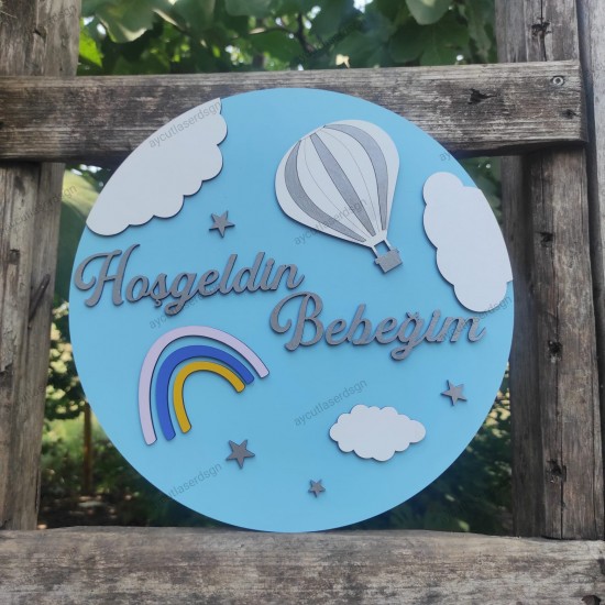 Hoş geldin Bebeğim 3D Bebek&Çocuk Kapı Süsü Gökkuşağı Uçan Balon