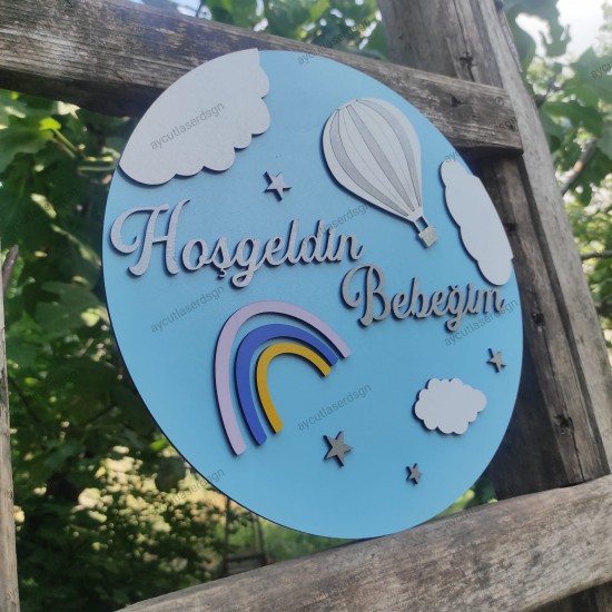 Hoş geldin Bebeğim 3D Bebek&Çocuk Kapı Süsü Gökkuşağı Uçan Balon
