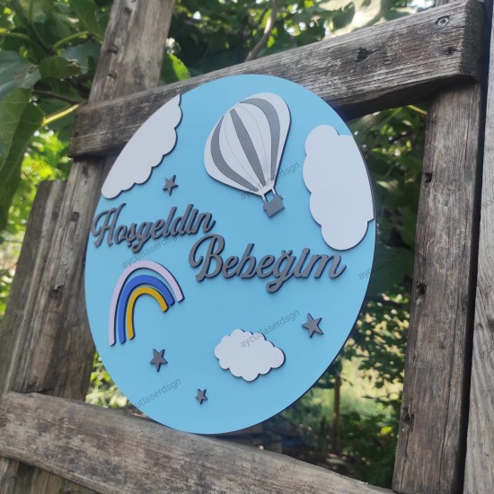 Hoş geldin Bebeğim 3D Bebek&Çocuk Kapı Süsü Gökkuşağı Uçan Balon