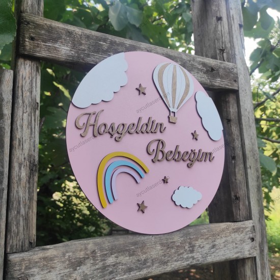 Hoş geldin Bebeğim 3D Bebek&Çocuk Kapı Süsü Gökkuşağı Uçan Balon