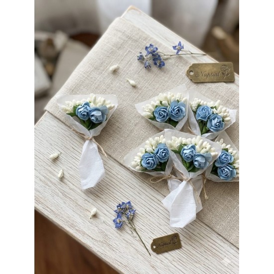 Mini Love Flowers Çiçek Buketi, Solmayan Yapay Mini Buket Mavi 50 li