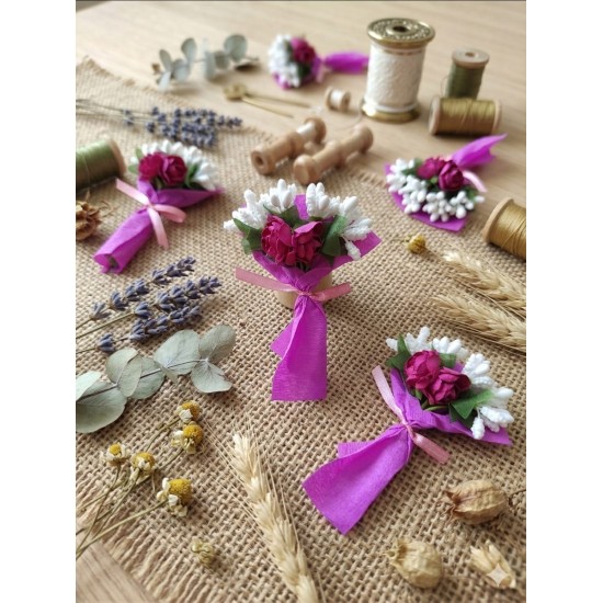 Mini Love Flowers Çiçek Buketi, Solmayan Yapay Mini Buket Fuşya10 lu